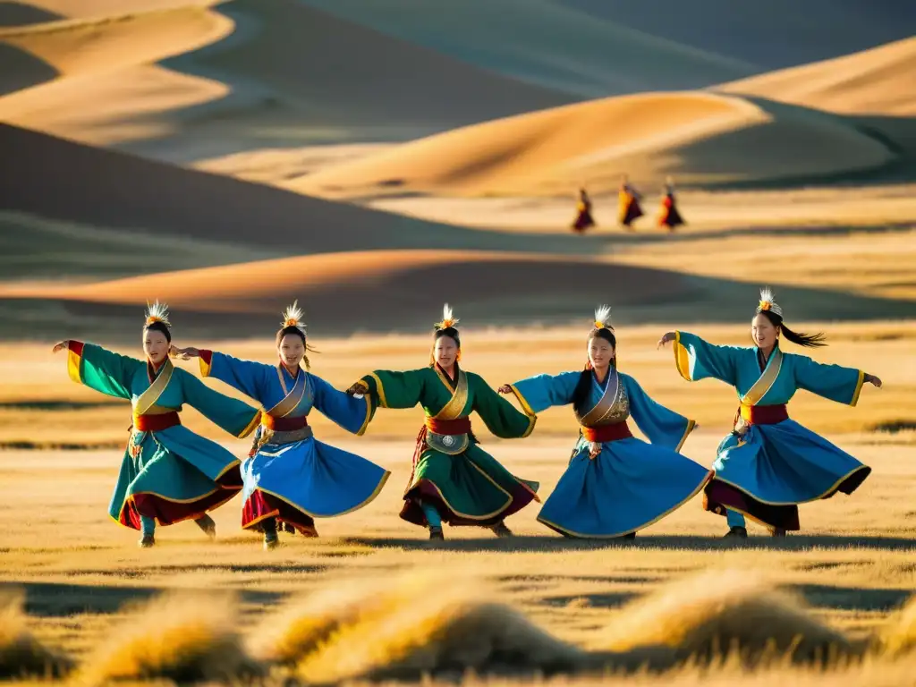 Grupo de bailarines mongoles realizando la danza del águila en la extensa estepa mongol, destacando los significados de esta tradición