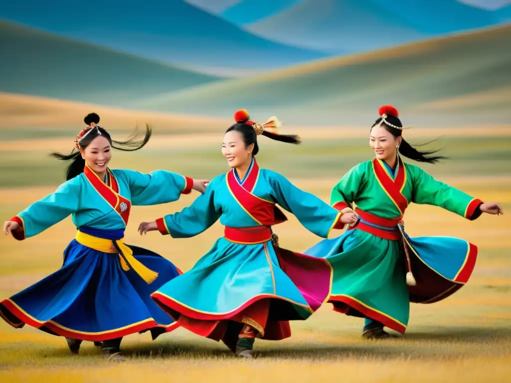 Un grupo de bailarines mongoles ejecutan una danza vibrante en la estepa, evocando el arte mongol y su herencia cultural