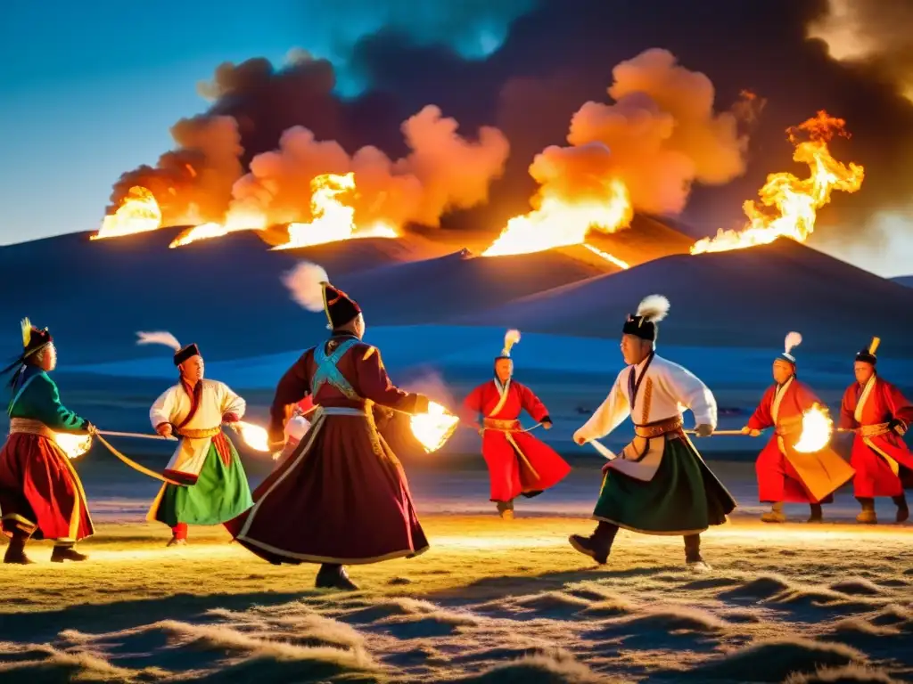 Grupo de bailarines mongoles danzando en el Festival Ulaanbaatar, entre fogatas y una atmósfera festiva llena de tradición mongola