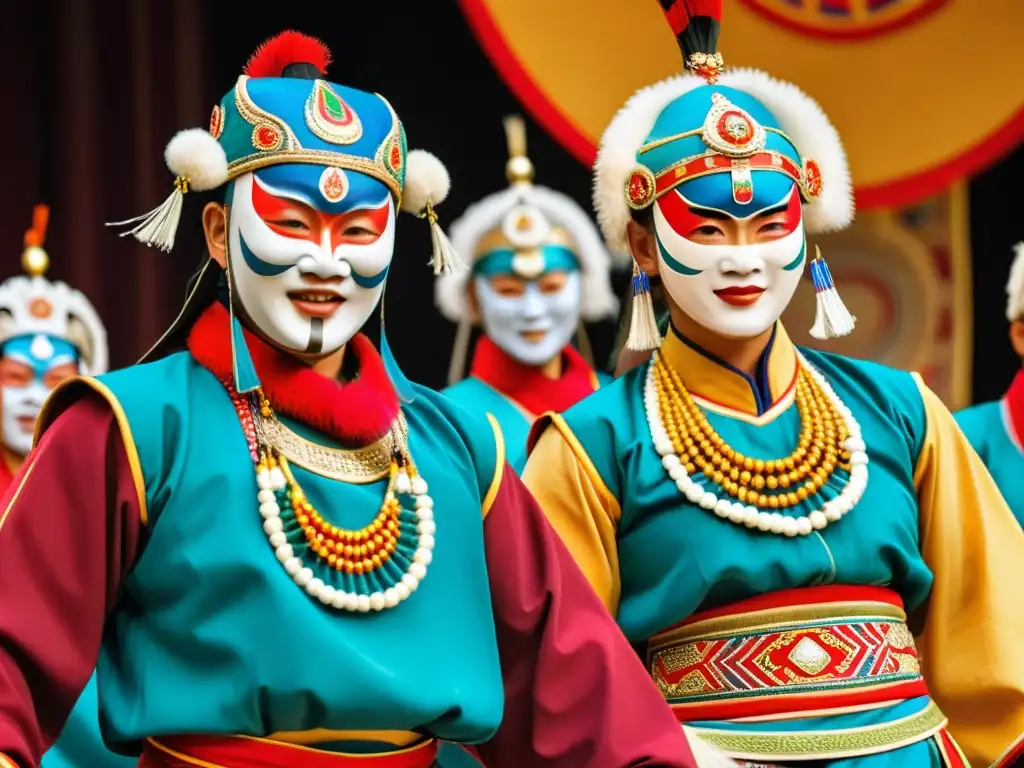 Grupo de bailarines mongoles con máscaras rituales festivas, expresando la importancia cultural y artística de las máscaras en la danza tradicional