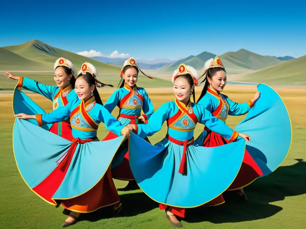 Un grupo de bailarines mongoles ejecutando la tradicional danza El Tsam, con movimientos dinámicos y trajes vibrantes