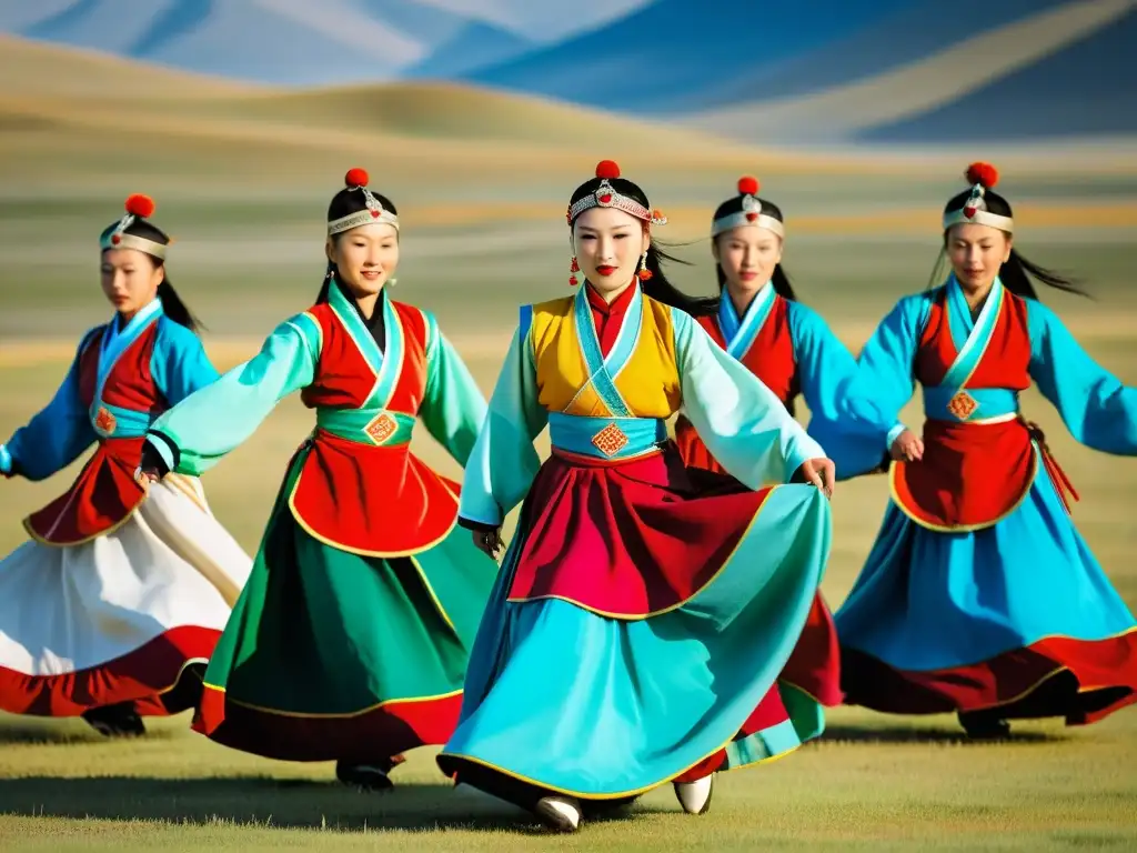 Grupo de bailarines mongoles vistiendo trajes tradicionales realizando la 'danza de la estepa' en la vasta estepa mongola