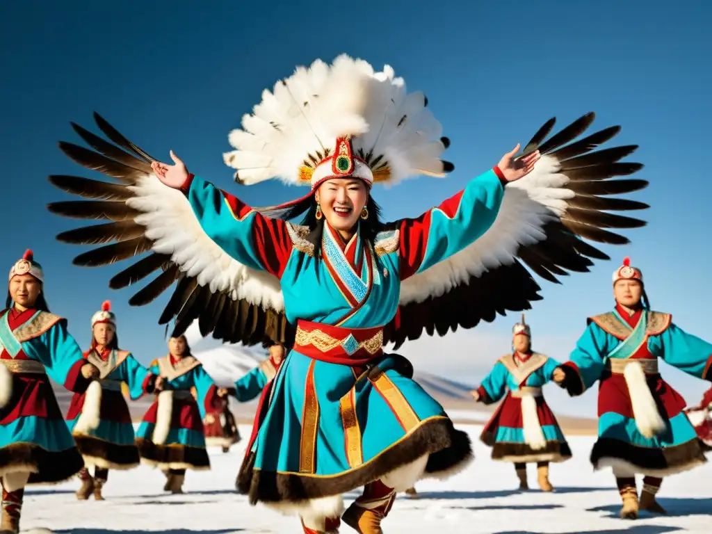 Grupo de bailarines mongoles en trajes tradicionales de danza del águila, expresando reverencia y significado cultural en la estepa de Mongolia