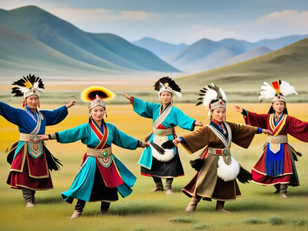 Un grupo de bailarines mongoles vistiendo trajes tradicionales de danza águila, rodeados por la vasta estepa de Mongolia