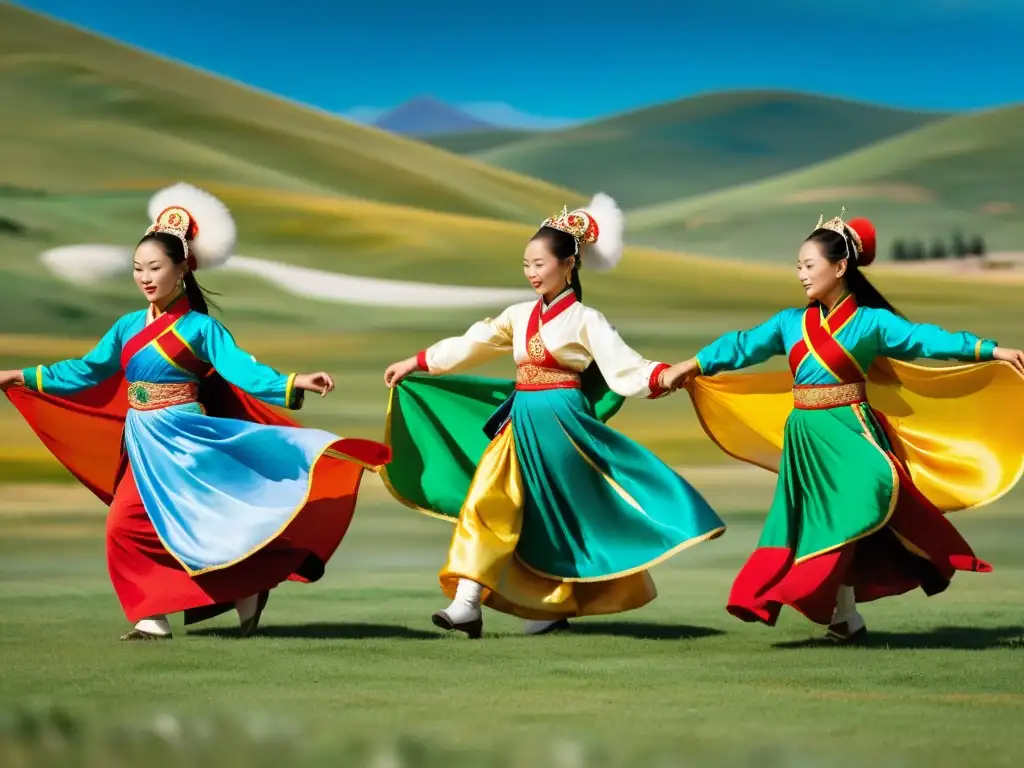 Grupo de bailarines mongoles con trajes tradicionales coloridos, danzando en armonía en paisaje mongol