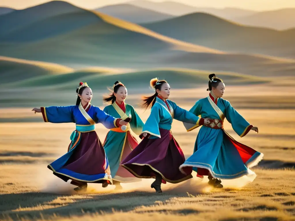 Grupo de bailarines mongoles en trajes vibrantes realizando una danza tradicional en la vasta estepa mongola, bajo la cálida luz dorada