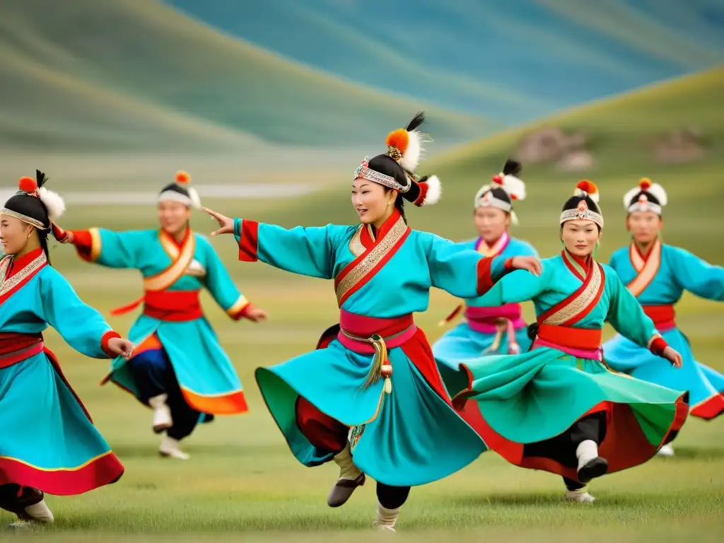 Grupo de bailarines mongoles danzando Tsam en paisaje montañoso, vestidos con trajes vibrantes