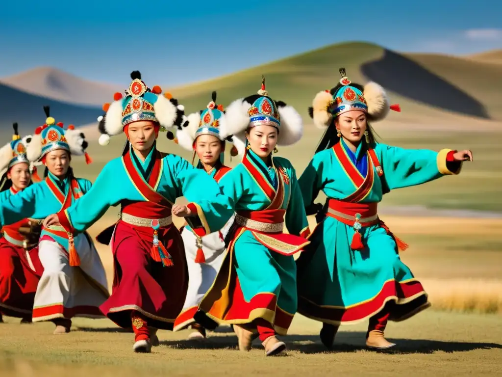 Grupo de bailarines de Mongolia danzando el Tsam en la estepa, con trajes vibrantes y máscaras elaboradas