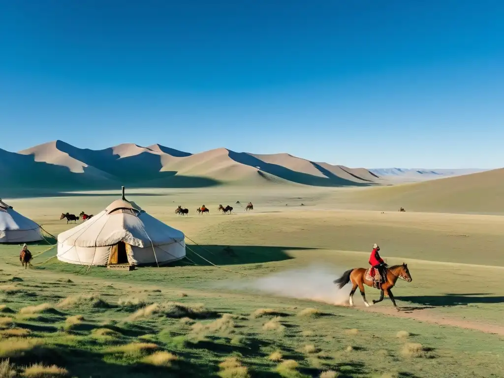 Grupo monta a caballo en la estepa mongola, evocando el espíritu guerrero de Gengis Khan y retiros inspirados en tácticas