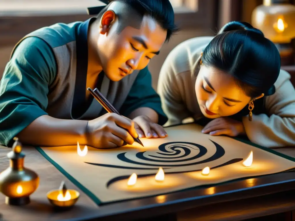 Un grupo de calígrafos mongoles contemporáneos se concentra en sus delicadas pinceladas, iluminados por lámparas de aceite antiguas