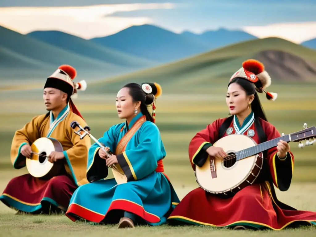 Un grupo de cantantes de Mongolia actúa en el escenario, vistiendo atuendos tradicionales y rodeados de instrumentos típicos