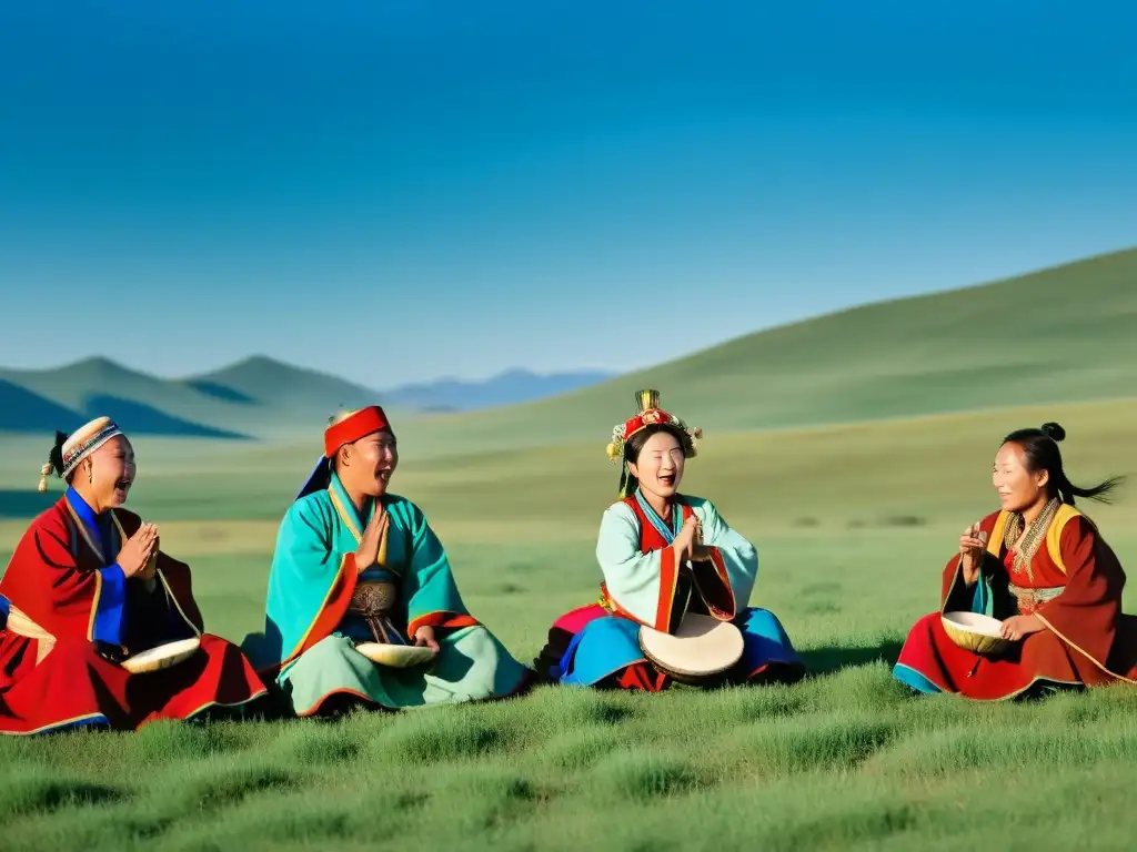 Un grupo de cantantes de garganta tradicionales mongolas interpretando en una estepa verde, rodeados de colinas y un cielo azul claro