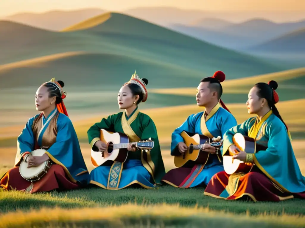 Grupo de cantantes de Mongolia interpretando música tradicional en una pradera abierta al atardecer, con el sol dorado detrás