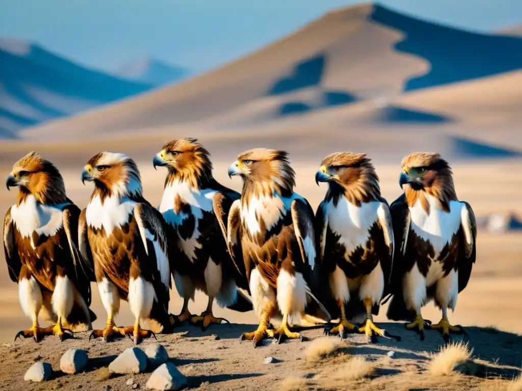 Un grupo de cazadores de águilas mongoles con majestuosas águilas doradas posadas en sus brazos, en la vasta estepa de Mongolia