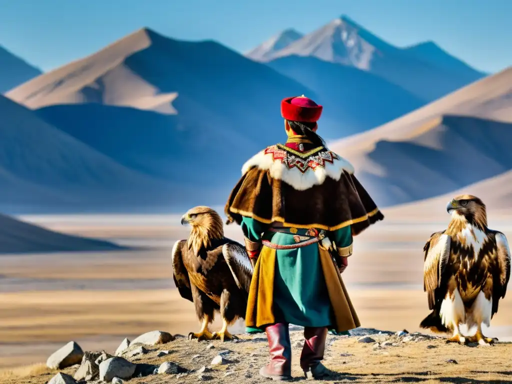 Grupo de cazadores kazajos con majestuosos águilas doradas en tierras salvajes de Mongolia