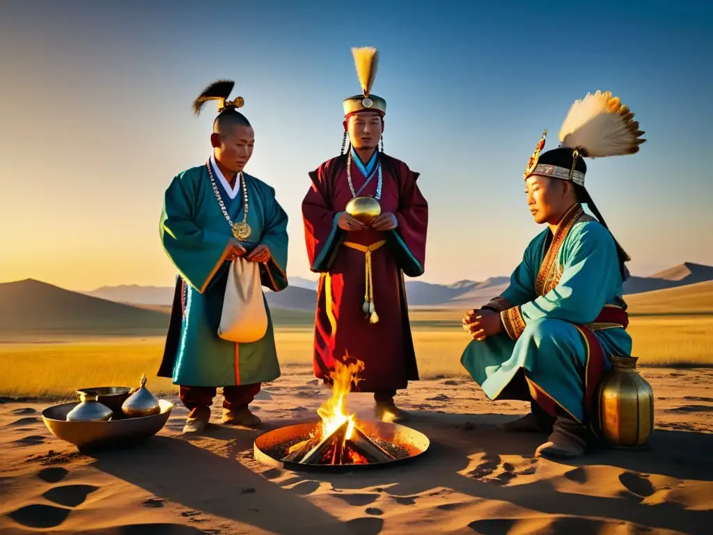 Grupo de chamanes famosos realizando un ritual en la estepa mongola al atardecer, con trajes coloridos y ofrendas