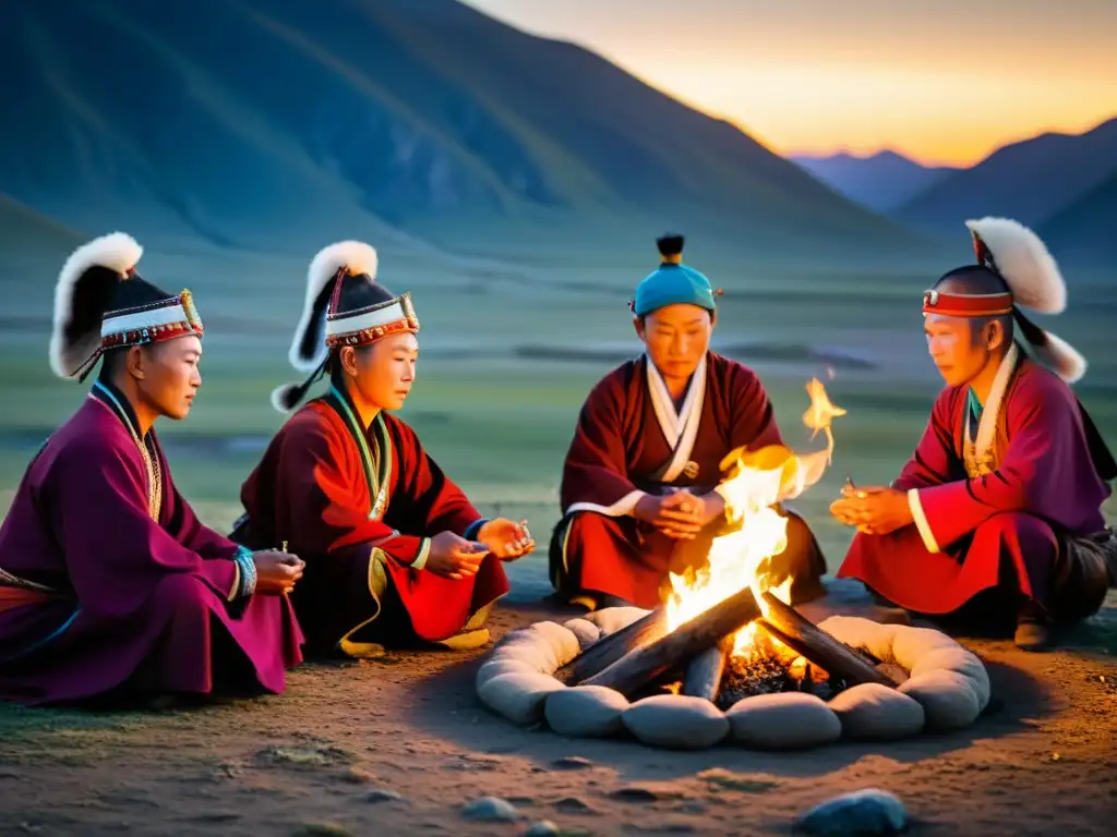 Grupo de chamanes mongol realizando un ritual al atardecer en las montañas