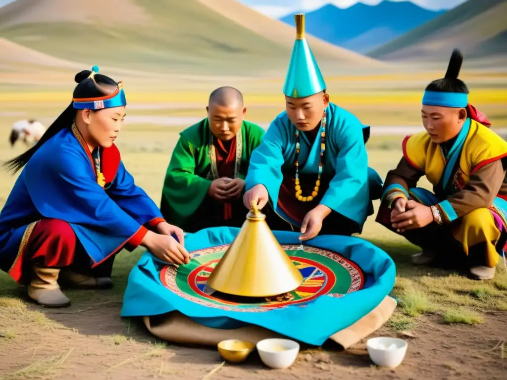 Un grupo de chamanes mongolas realiza un ritual espiritual en el Ovoo, con atuendos tradicionales y una atmósfera mística de la cultura mongola