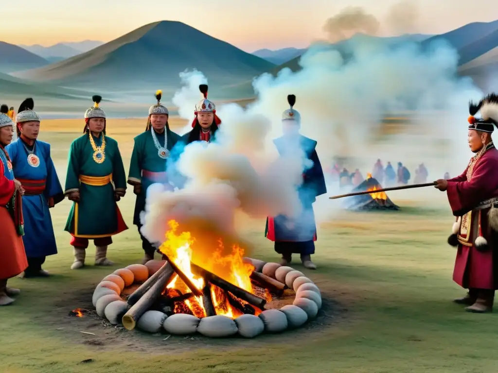 Un grupo de chamanes mongoles realiza una ceremonia tradicional en la estepa mongol, invocando espíritus en un paisaje impresionante