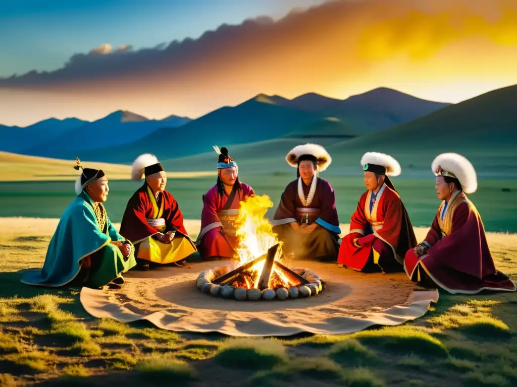 Grupo de chamanes mongoles realizando ceremonia Tengrismo al atardecer en pradera, mostrando la importancia del Tengrismo en Mongolia