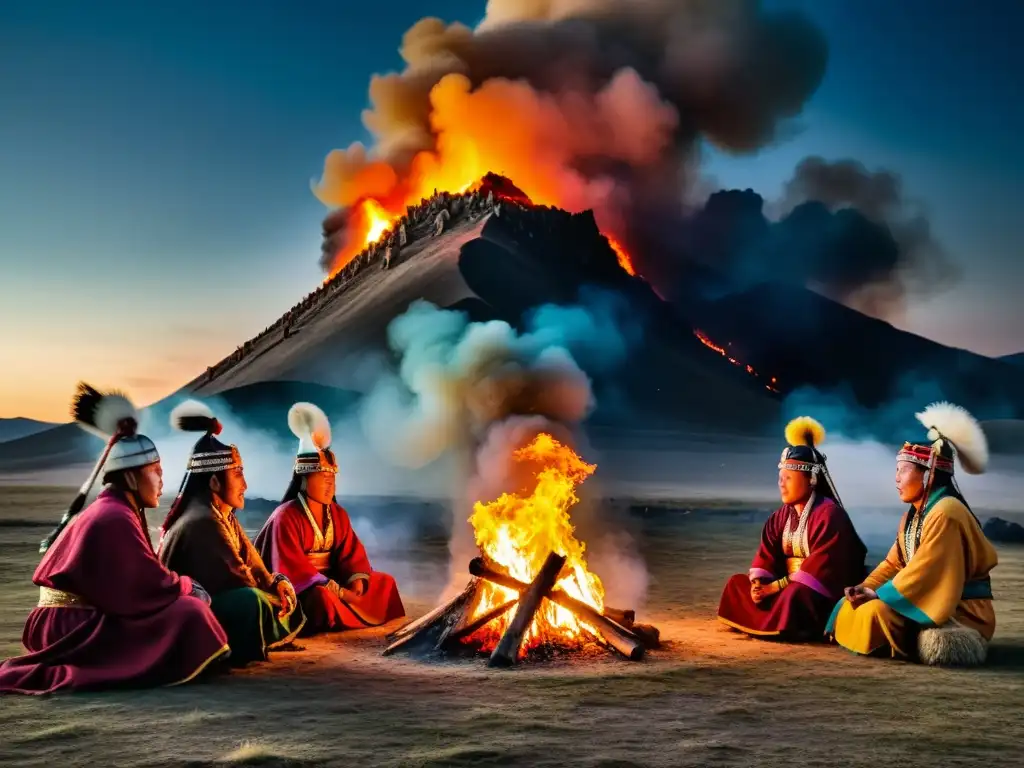 Un grupo de chamanes mongoles famosos realiza rituales alrededor de una fogata, en medio de la vasta estepa mongola, con un paisaje montañoso de fondo