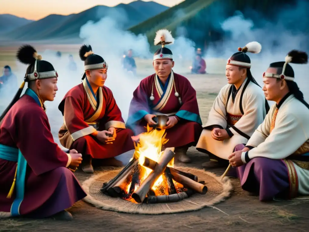 Un grupo de chamanes mongoles se reúnen alrededor de una fogata en ceremonia, preparando una bebida