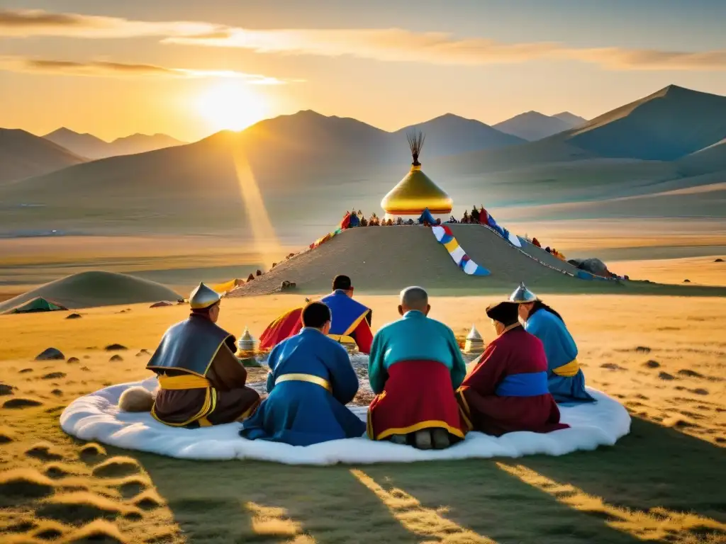 Un grupo de chamanes mongoles realiza un ritual espiritual en la estepa mongola, ofreciendo oraciones y bendiciones a los espíritus de la tierra