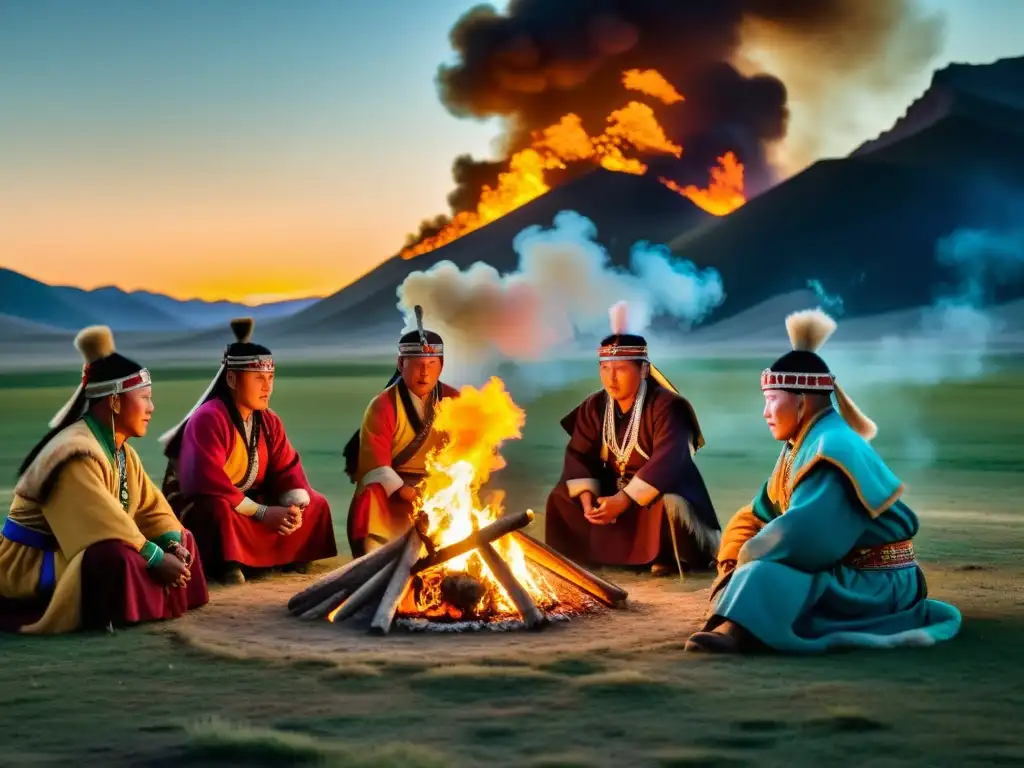 Grupo de chamanes mongoles celebrando un ritual alrededor de una fogata en la estepa, envueltos en colores y patrones ceremoniales