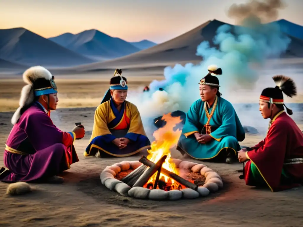 Un grupo de chamanes mongoles realiza un ritual alrededor de un fuego sagrado en la estepa de Mongolia