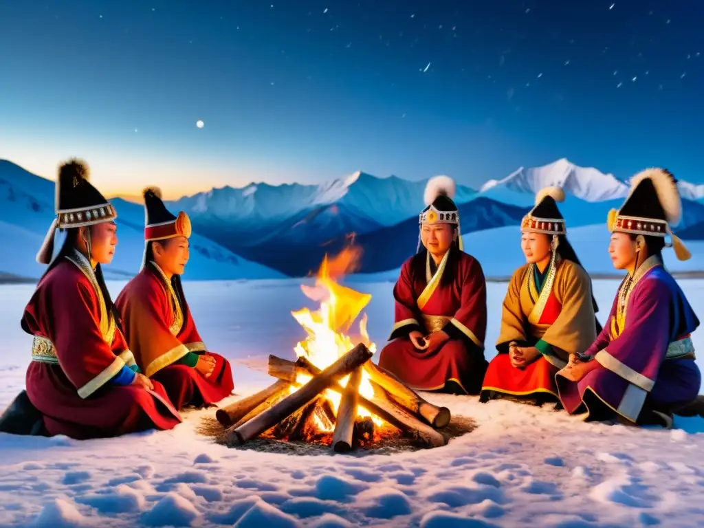 Grupo de chamanes mongoles realizando un ritual alrededor de una fogata en la noche, con montañas nevadas de fondo