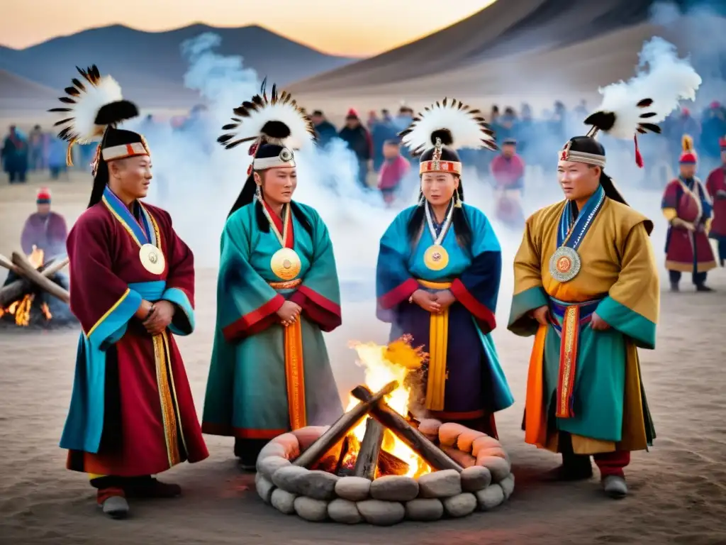 Un grupo de chamanes mongoles realiza un ritual espiritual al atardecer, rodeados de humo y coloridos atuendos