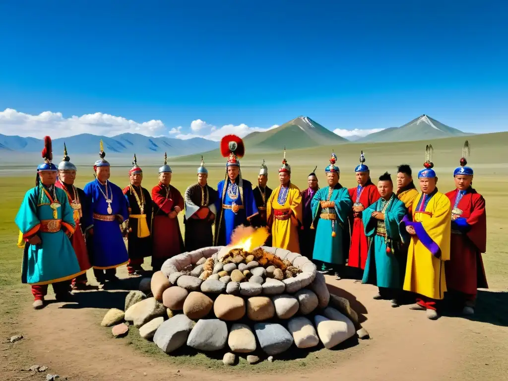 Un grupo de chamanes mongoles realiza un ritual espiritual al aire libre, invocando la naturaleza