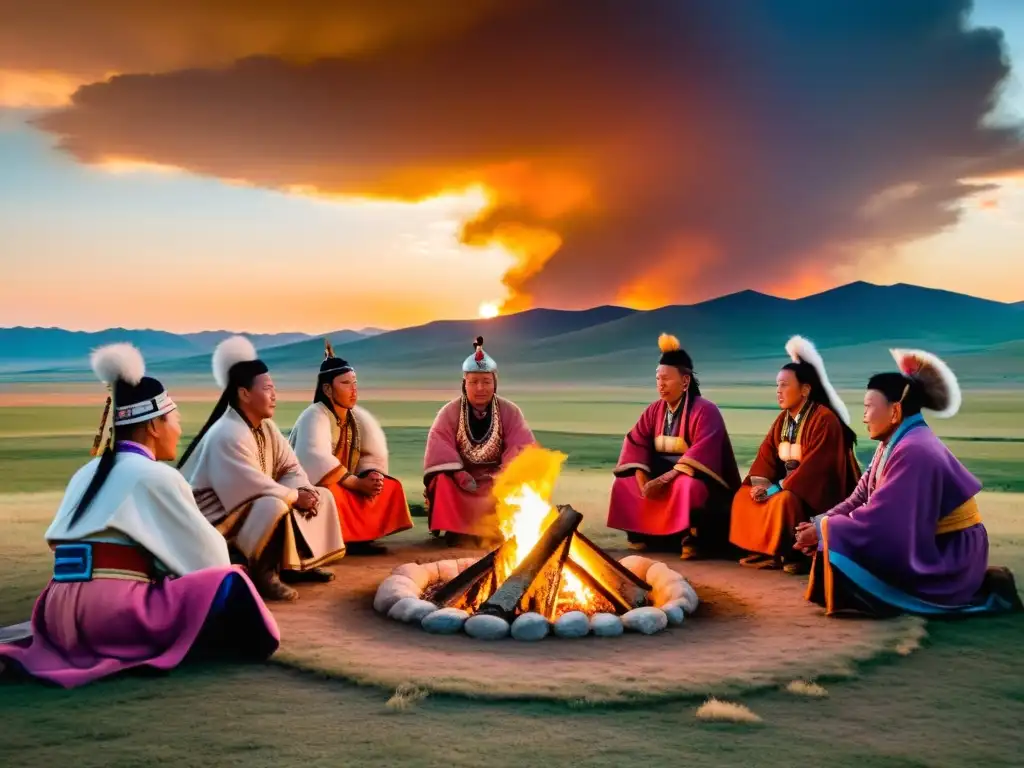 Grupo de chamanes mongoles realizando un ritual al atardecer en la estepa, conectando con la importancia de sueños y visiones en la estrategia mongola