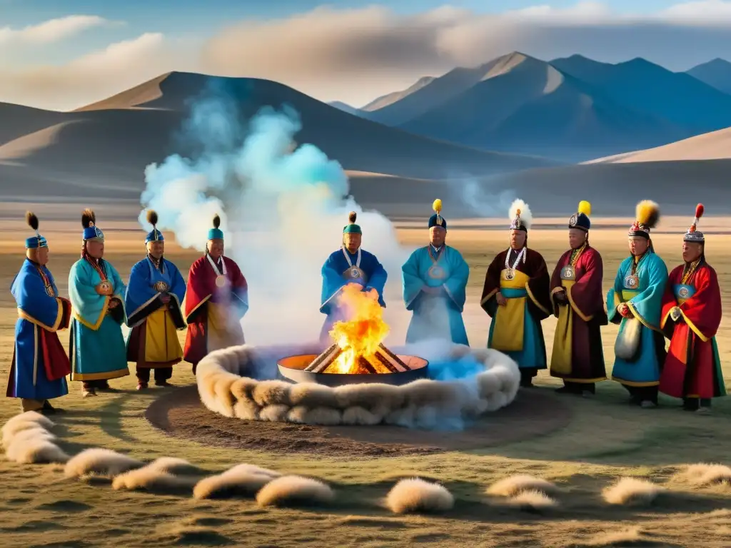 Grupo de chamanes mongoles realizando rituales espirituales en la estepa, con un ovoo sagrado y coloridos atuendos tradicionales