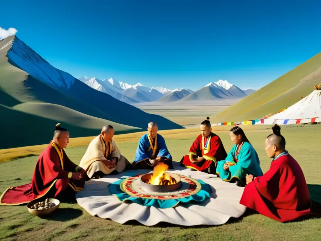 Un grupo de chamanes mongoles realiza rituales espirituales en la base de una montaña sagrada, rodeados de coloridas banderas de oración