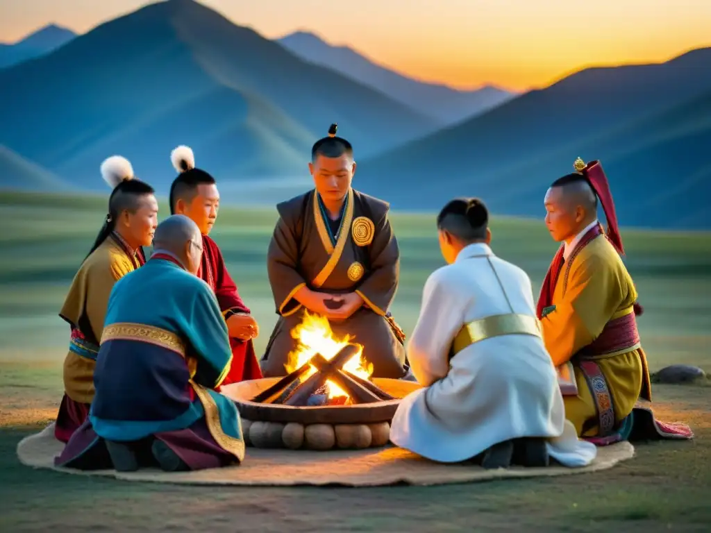 Un grupo de chamanes mongoles en trajes tradicionales realizando un ritual al atardecer para honrar la tradición de los Espíritus Guardianes Mongolas