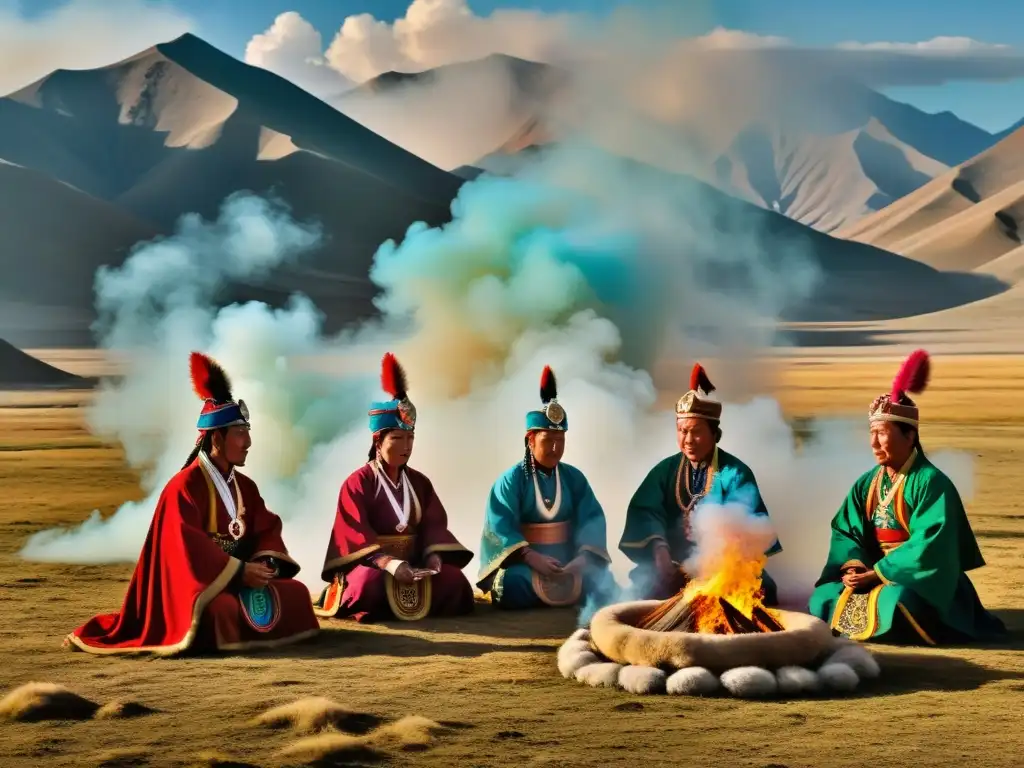 Un grupo de chamanes realiza un ritual en la Montaña Sagrada de Genghis Khan, entre humo y vestimenta ceremonial, capturando su esencia espiritual