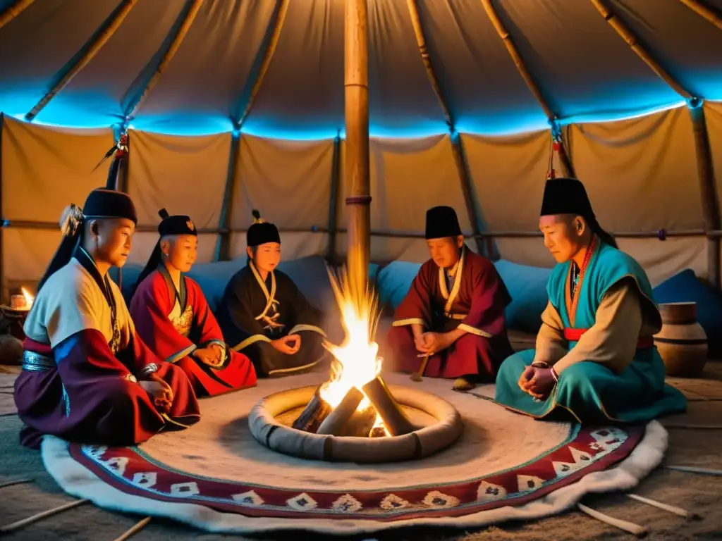 Un grupo de chamanes mongolos realiza un ritual en una yurta, con trajes tradicionales coloridos, rodeados de elementos rituales