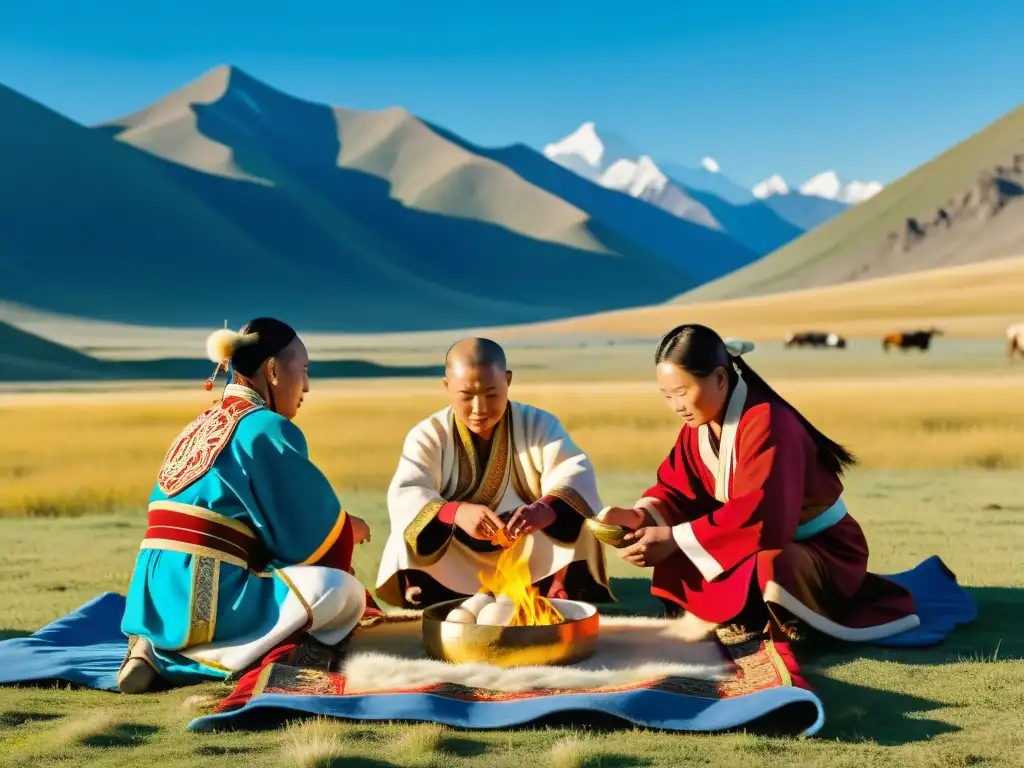 Un grupo de chamanes tradicionales mongoles realiza un ritual en la vasta estepa bajo el cielo azul, con las majestuosas montañas de Altai al fondo