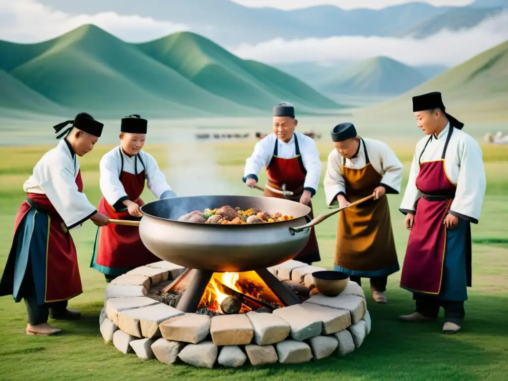 Un grupo de chefs mongoles usando técnicas tradicionales para cocinar una receta tradicional mongola al aire libre, rodeados de un paisaje escénico