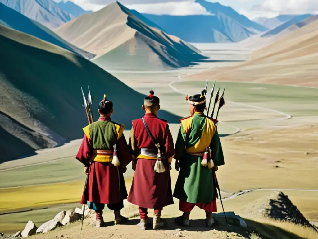 Un grupo de combatientes tibetanos desafiantes se enfrenta a estrategias militares mongoles en un paisaje montañoso y vasto