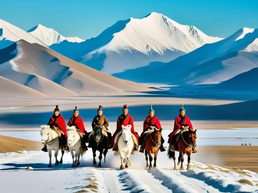 Grupo de comerciantes y animales de carga en las rutas comerciales menores mongolas, rodeados de la majestuosidad del paisaje mongol