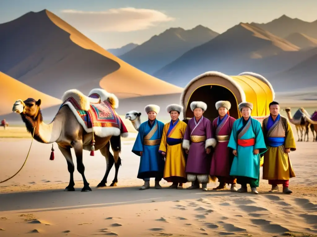 Un grupo de comerciantes mongoles con coloridos ropajes de seda y sombreros de piel, rodeados de camellos cargados de lujosos tejidos