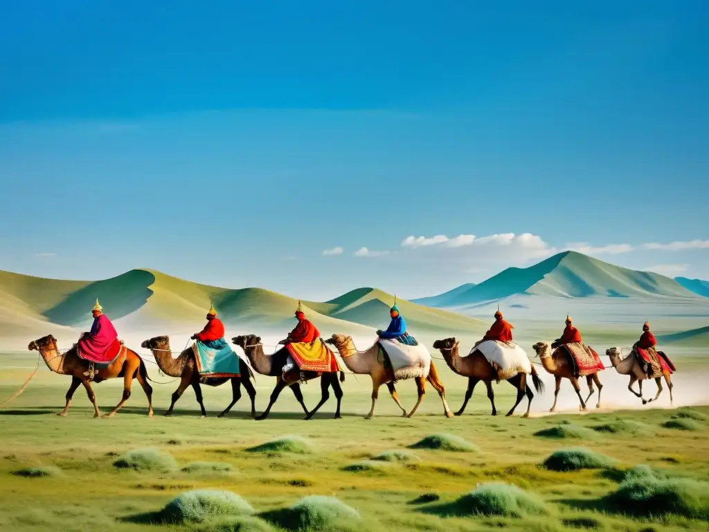 Un grupo de comerciantes mongoles recorriendo la vasta estepa con sus coloridas y ornamentadas yurtas