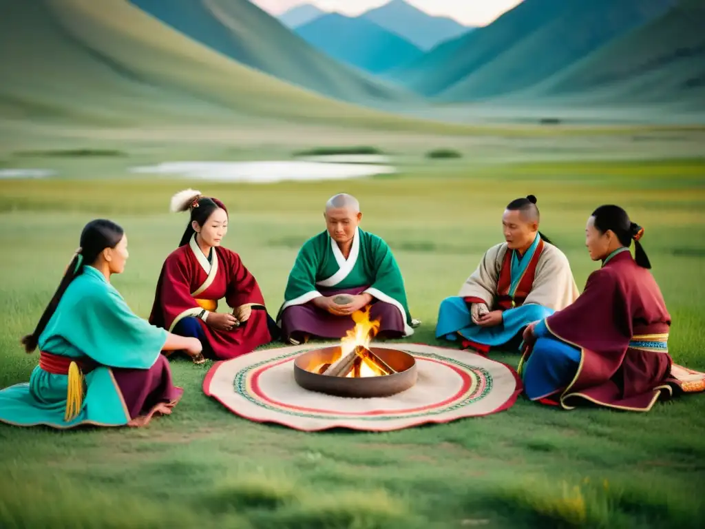 Un grupo de curanderos tradicionales mongoles realizan una ceremonia de sanación en la naturaleza, vistiendo atuendos vibrantes