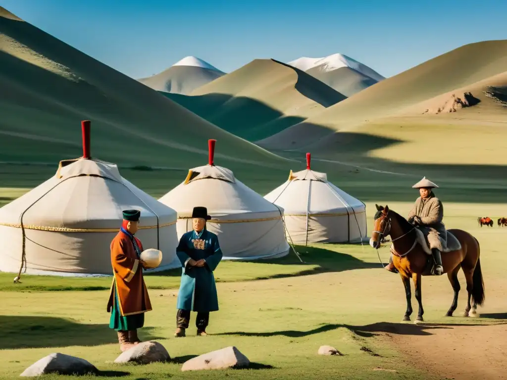 Grupo de diplomáticos mongolas intercambiando mensajes y regalos en paisaje mongol, mostrando el papel de los Yams mongolas en la historia