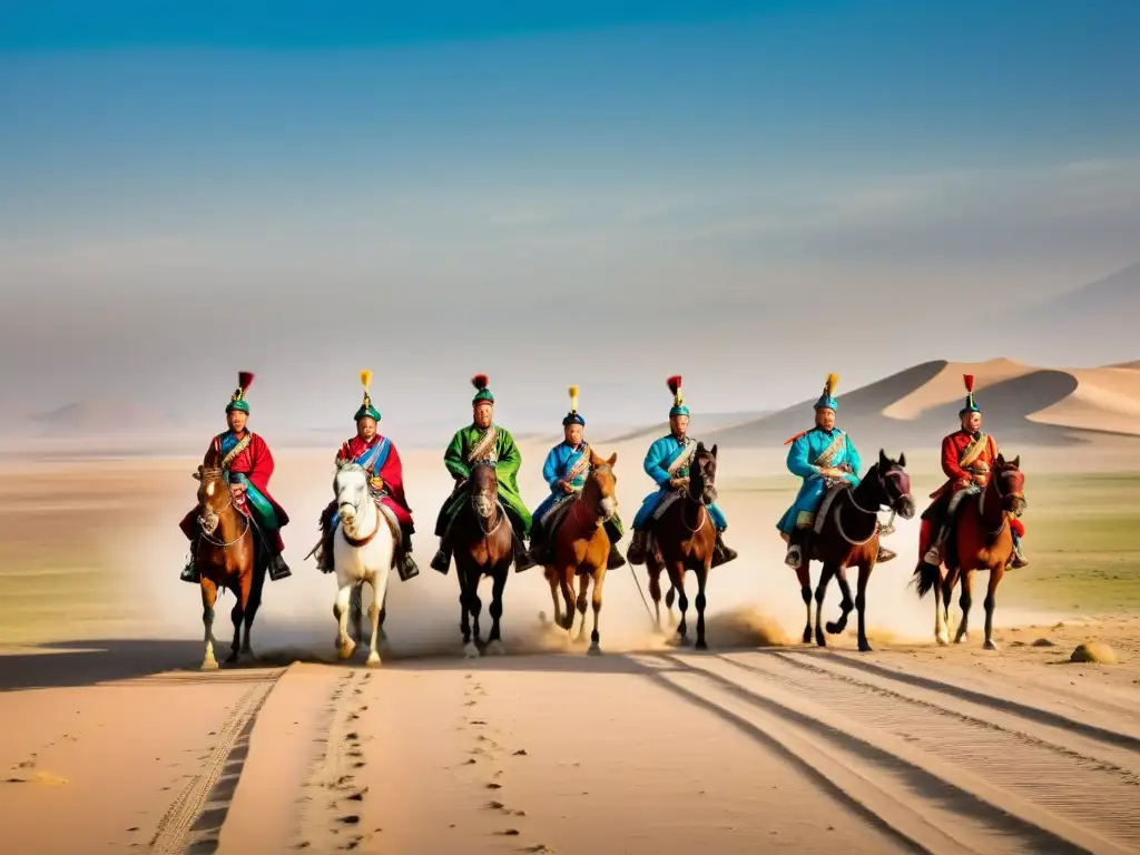 Grupo de diplomáticos mongoles en la estepa, en una discusión solemnemente, con caravanas de camellos y yurt al atardecer