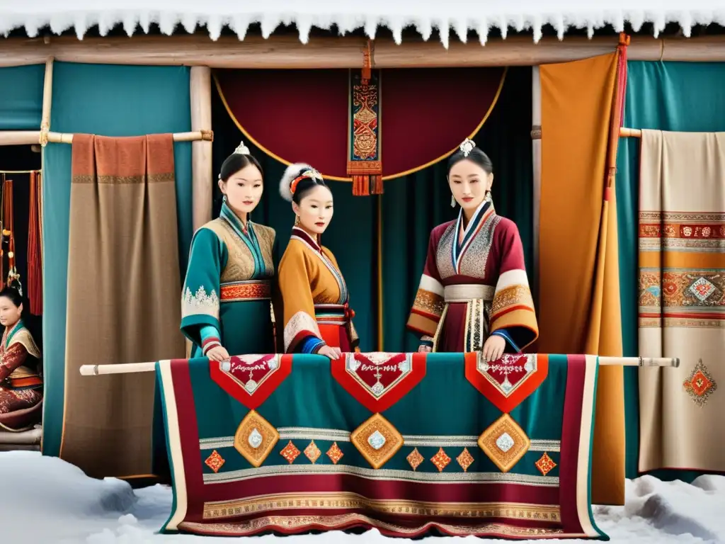 Un grupo de diseñadores y artesanos mongolas crean moda alta gama ancestral tejiendo textiles vibrantes en un telar tradicional, con la nieve de fondo