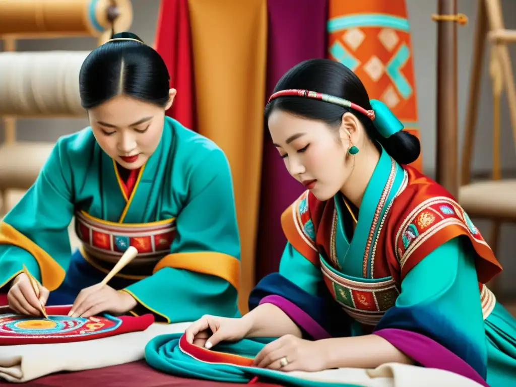 Un grupo de diseñadores de moda y artesanos mongoles creando un Deel tradicional con telas vibrantes y bordados intrincados