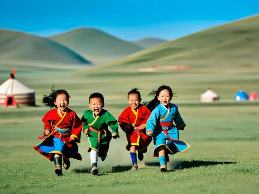 Un grupo de niños mongolas juega emocionados una carrera de caballos en la estepa, vistiendo coloridas prendas tradicionales